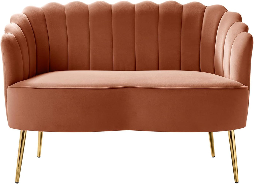 HULALA HOME Modern Velvet Loveseat Sofa with Flower Shaped Back, Comfy Upholstered 2-Seater Sofa with Gold Metal Legs, Small Love Seat Accent Couch for Living Bedroom Leisure Areas, Coral