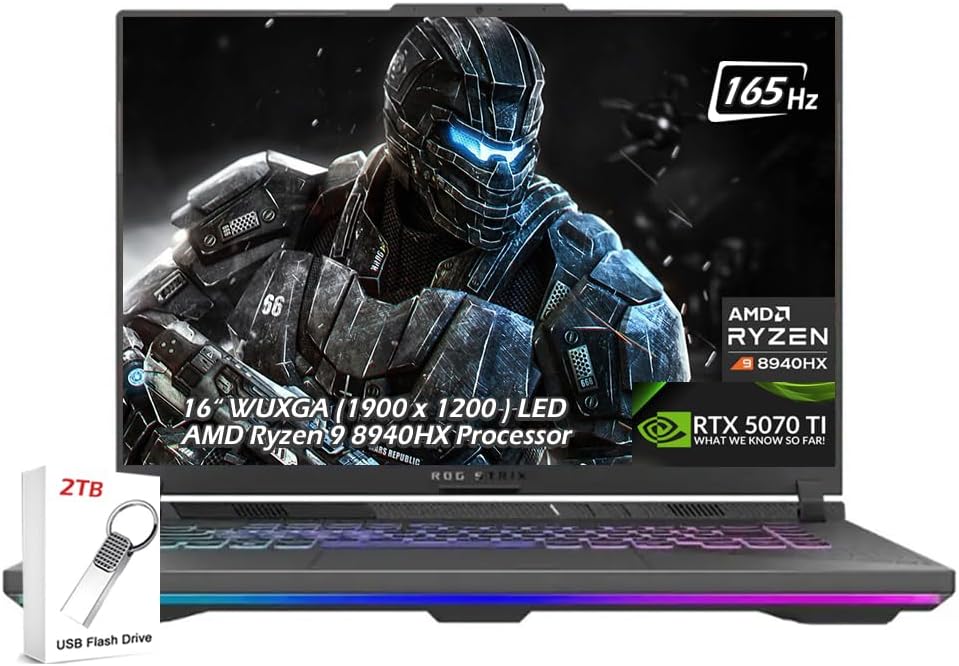 ASUS ROG Strix G16 Gaming Laptop,16' WUXGA 16:10 LED IPS 165Hz, AMD Ryzen 9 8940HX, NVIDIA GeForce RTX 5070Ti, Wi-Fi6E, Backlit KB, Win11, Eclipse Gray, (16GB RAM |1TB SSD), w/2TB USB Drive, W/GaLiMu