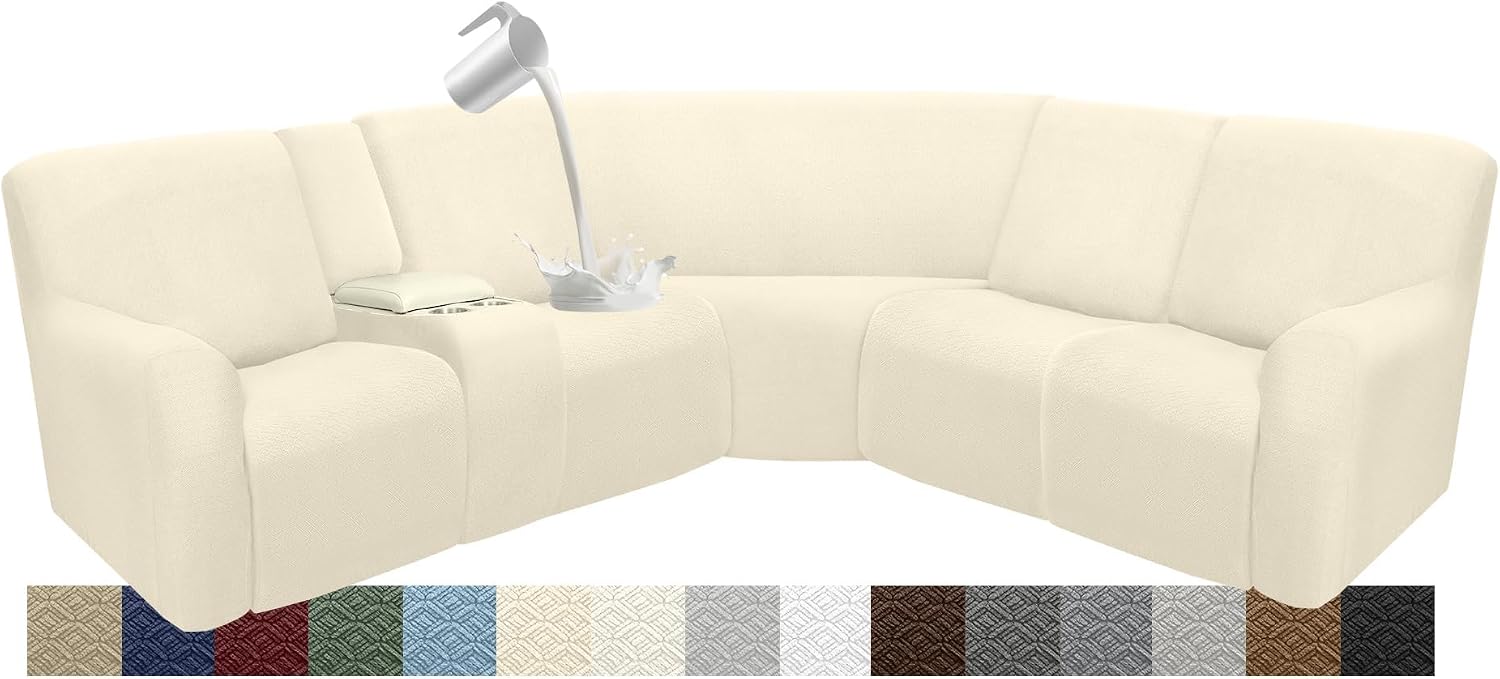 Waterproof Reclining Sectional Couch Covers Washable L Shaped Couch Cover for Sectionals Recliner Sofa Covers Stretch Corner Recliner Slipcovers for Dogs (5 Seater 1 Console Cover, Beige)