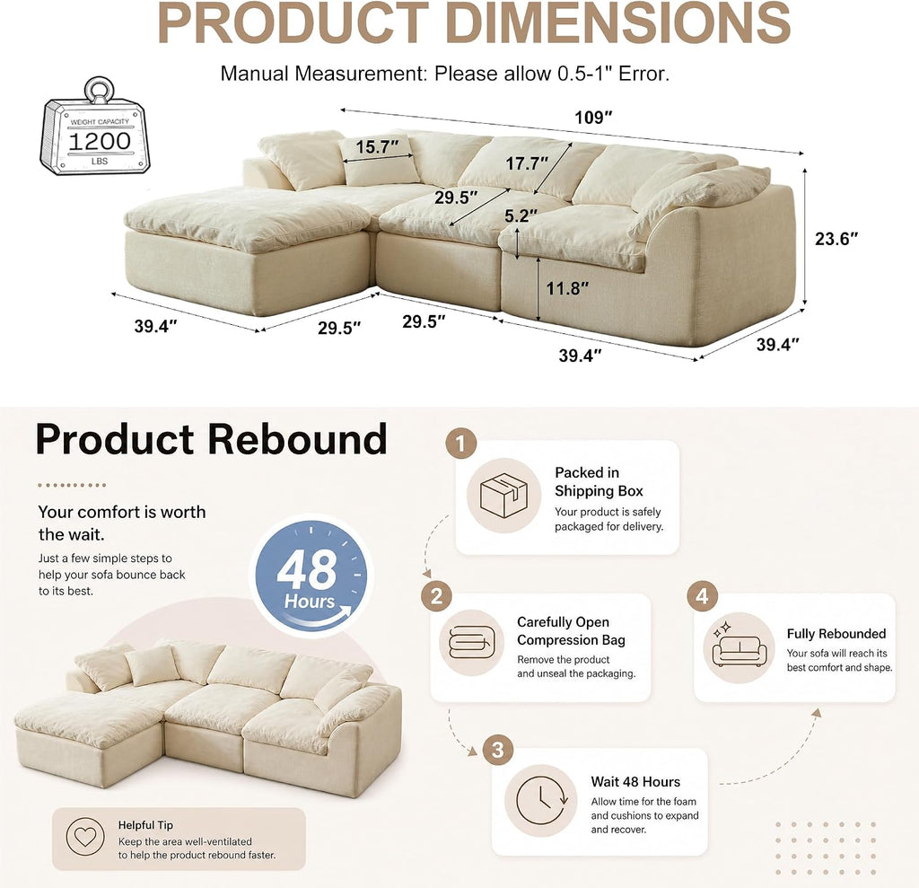 110' Cloud Sectional Couches for Living Room, Convertible L-Shape Boneless Couch with Ottoman, 3 Seater Compressed Sofa Bed Modular Sectional Sofa (Beige)