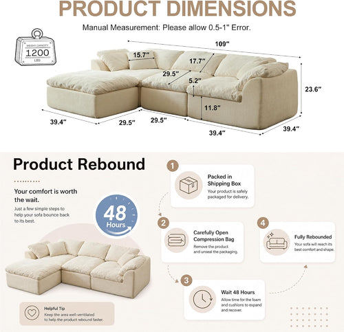110' Cloud Sectional Couches for Living Room, Convertible L-Shape Boneless Couch with Ottoman, 3 Seater Compressed Sofa Bed Modular Sectional Sofa (Beige)