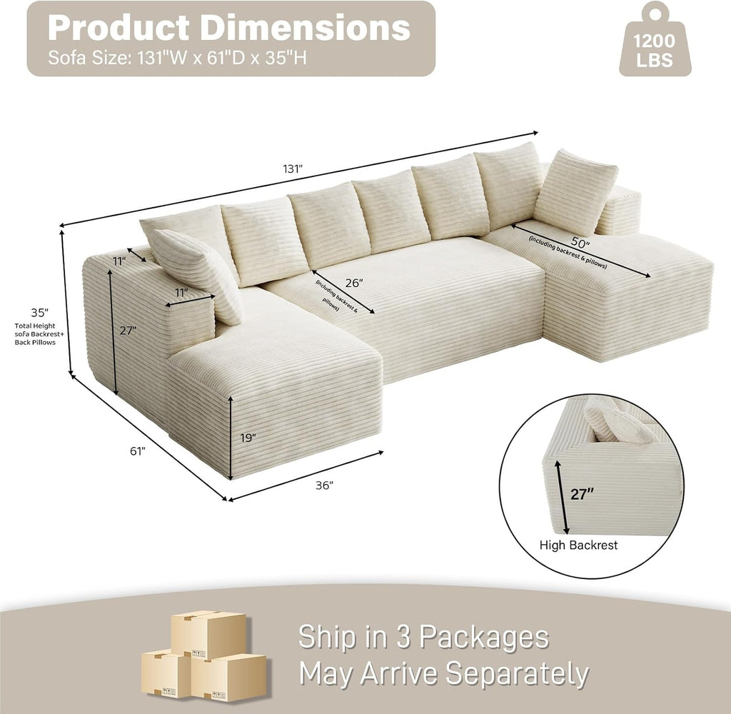 131' Oversized U Shaped Cloud Sectional Couches for Living Room, Comfy Fluffy Corduroy Beige Boneless Sectionals Couch, Plush Memory Foam Modular Sectional Sofa with Chaise- 19' Seat Height