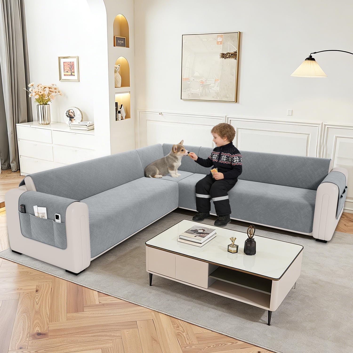 Waterproof L Shaped Couch Cover for Sectional Sofa Velvet Quilted Corner Sofa Cover L Shape Furniture Protector Slipcover Set with Non Slip Straps for Pets Dogs Kids (XX-Large, Silvery Grey)