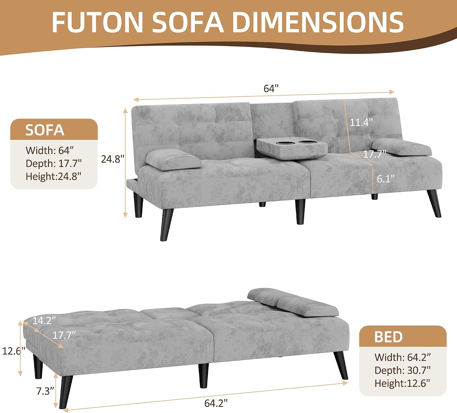 Shintenchi Futon Sofa Bed, Velvet Foldable Couch Reclining Sleeper w/Removable Armrests, Upholstered Loveseat w/Folding Cup Holders for Home, Office, Light Gray