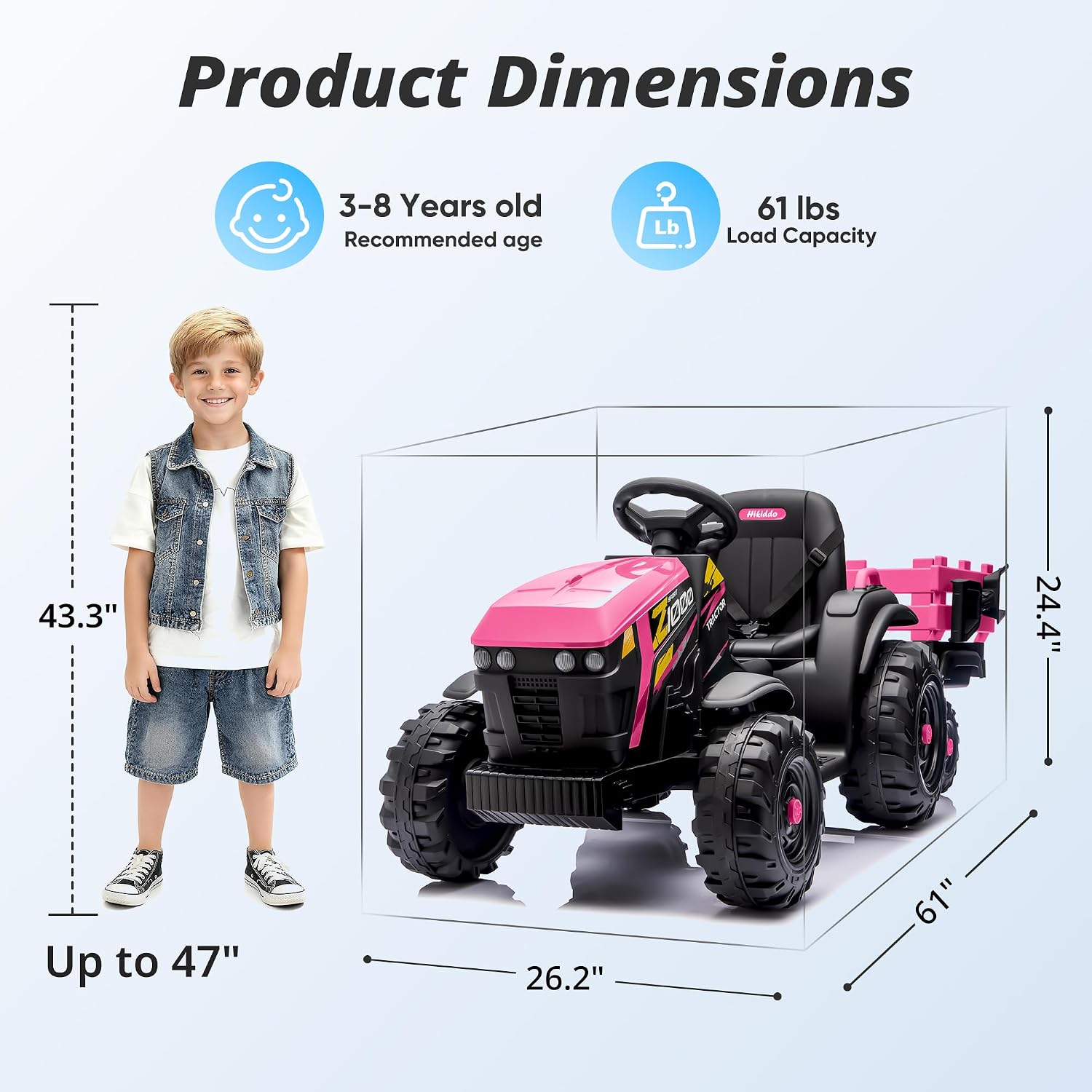 Hikiddo 24V Kids Ride on Tractor Toy, Electric Tractor for Kids 3-8 with Trailer, 2x200W Motors - Hot Pink