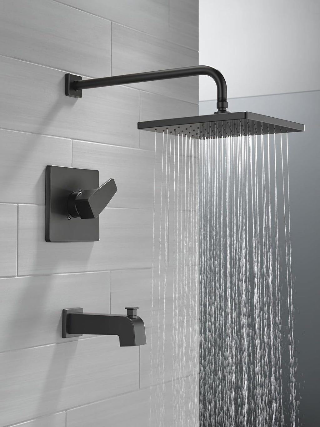 Delta Modern 14 Series Square Rain Bathtub and Shower Faucet Set, Rainfall Matte Black Shower Head and Handle Set, Valve Trim Kit, 10 Inch, Matte Black T14468-BL-PP (Valve Not Included)