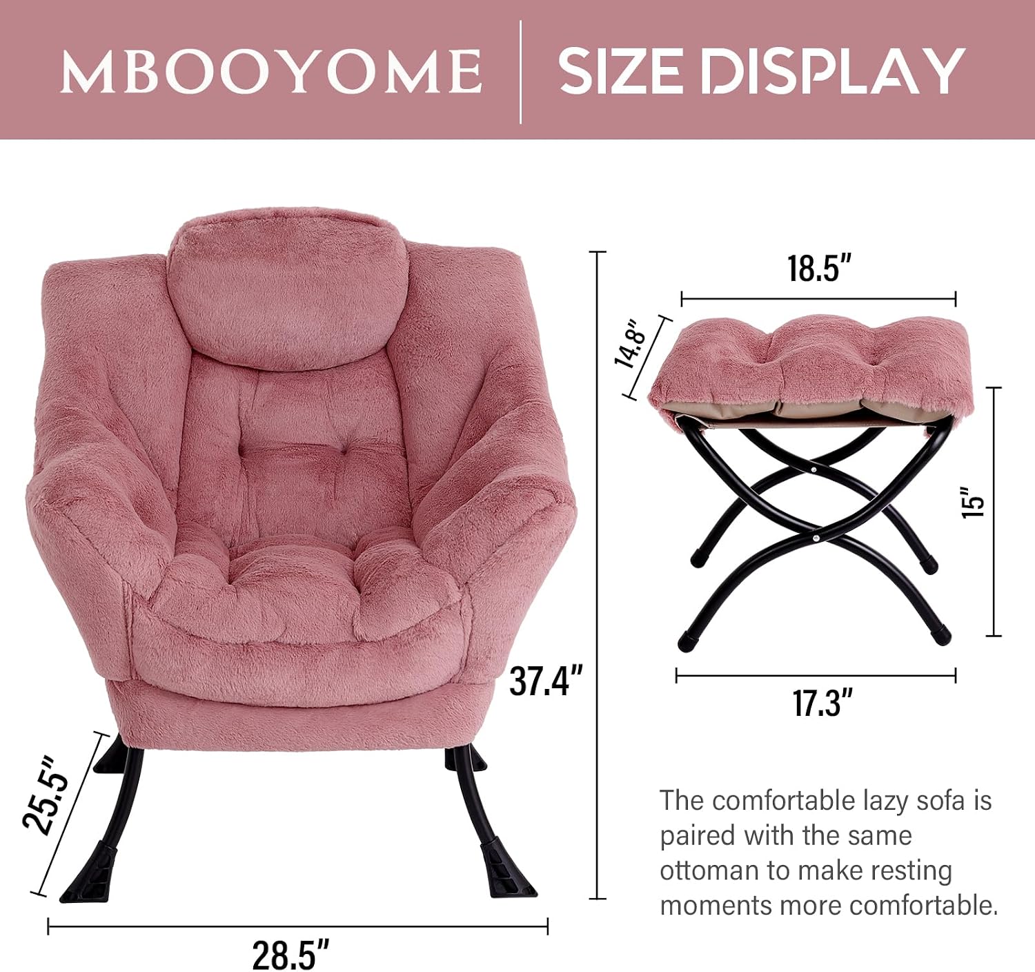 MBOOYOME Lazy Chair with Folding Ottoman, Modern Accent Armchair with Armrests and a Side Pocket & Foldable Footstool, Reading Chair for Living Room, Bedroom & Dorm, Plush Dark Pink