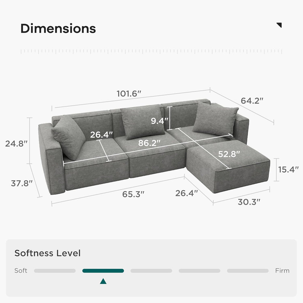 Acanva Luxury Modular Sectional Living Room Sofa Set, Modern Minimalist Style Couch with Ottoman and Chaise, L-Shape, Grey
