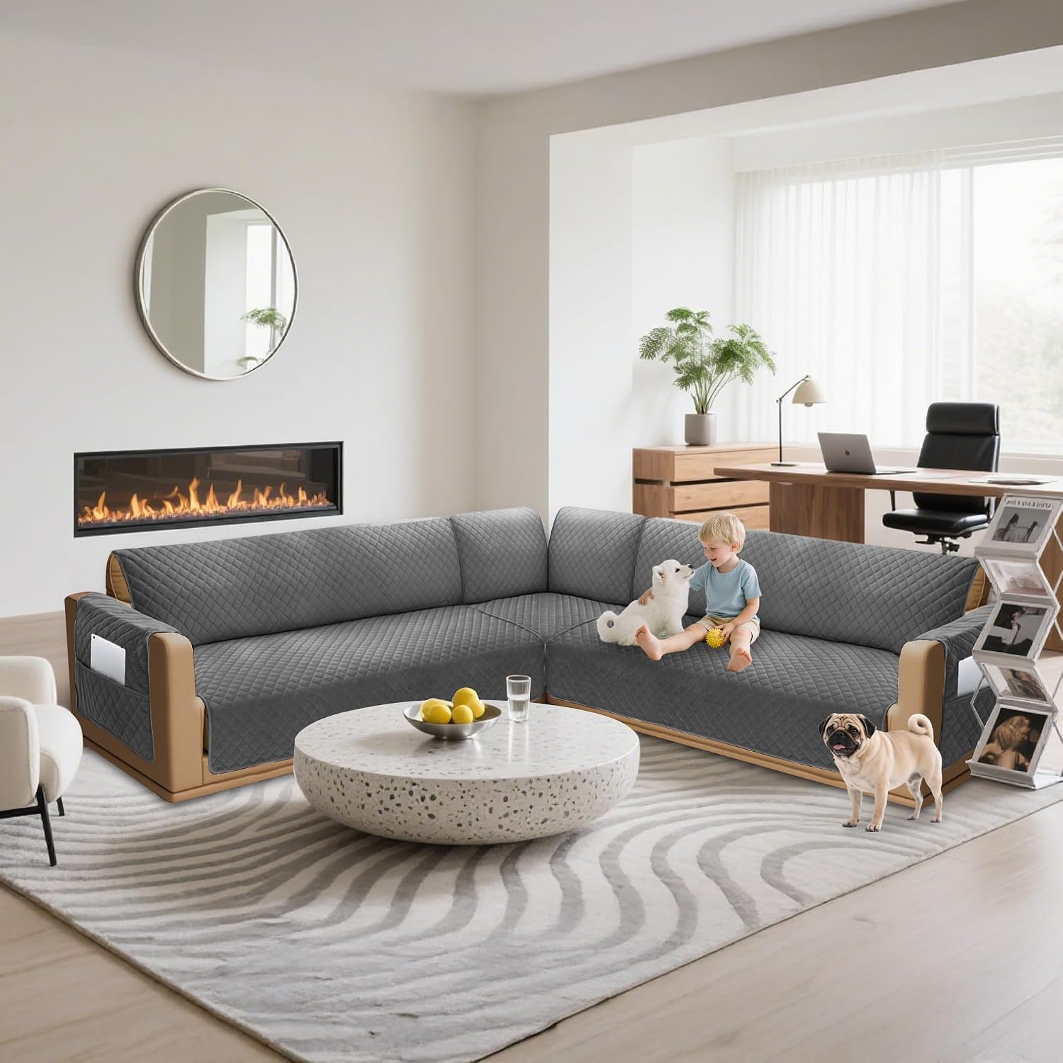 Sectional Couch Covers for Dogs 100% Waterproof Corner L Shaped Sofa Cover Pet Friendly Velvet Washable Anti Slip L Shape Modular Sofa Slipcover Protector with Pockets (Dark Gray, XX-Large)