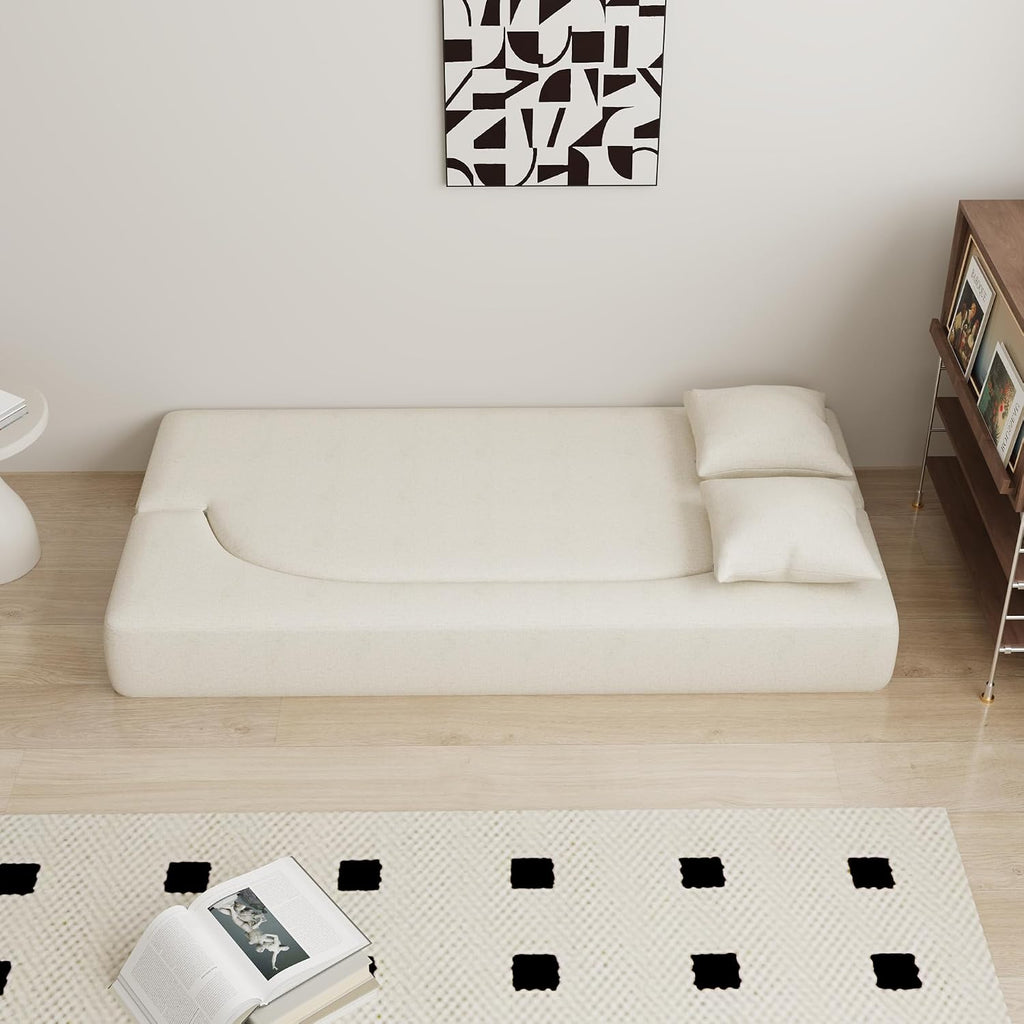HENGJIANYI Folding Sofa Bed, Convertible Futon Sleeper Bed, 2-in-1 Foldable Floor Mattress, Breathable High-Density Foam Lazy Couch, Twin Size Comfy Lounge Chair with 2 Pillows, Beige
