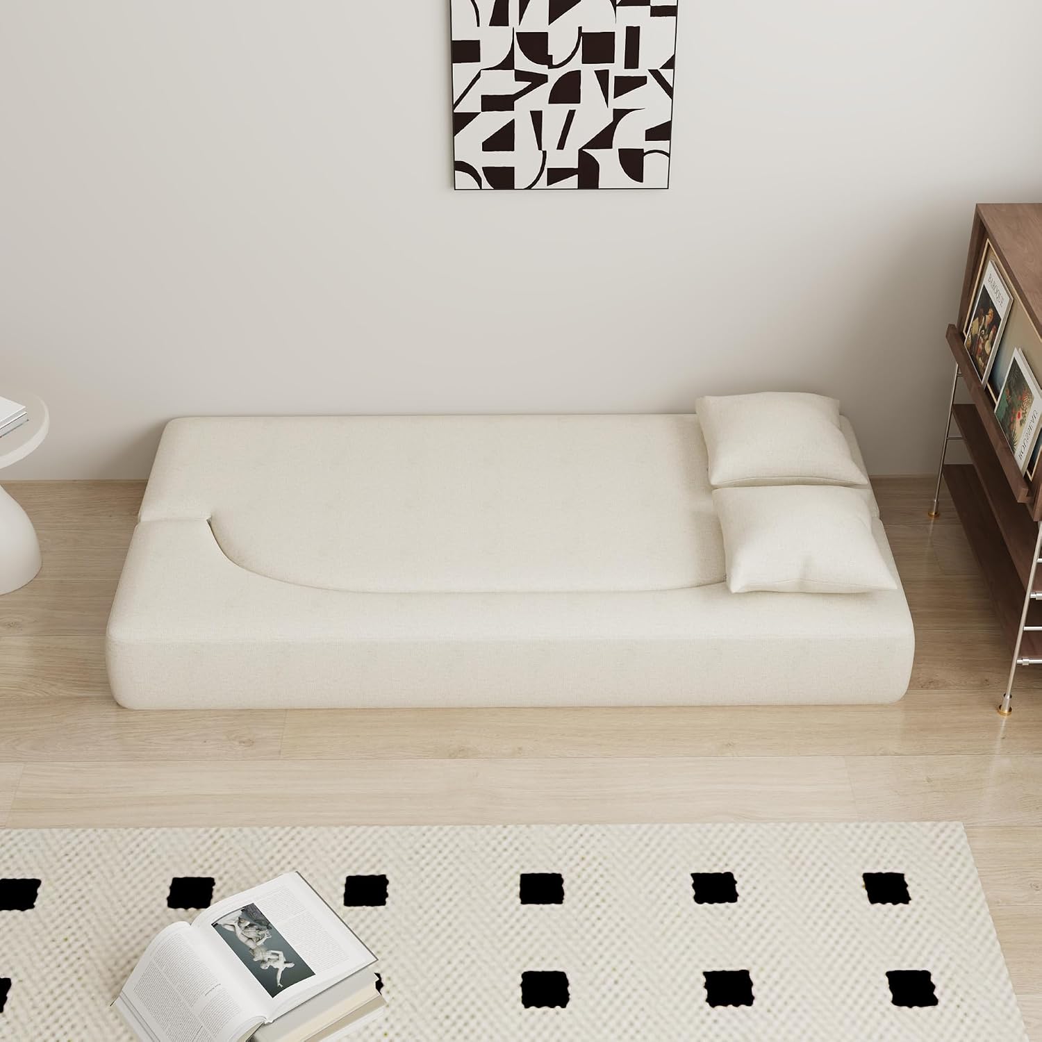 HENGJIANYI Folding Sofa Bed, Convertible Futon Sleeper Bed, 2-in-1 Foldable Floor Mattress, Breathable High-Density Foam Lazy Couch, Twin Size Comfy Lounge Chair with 2 Pillows, Beige
