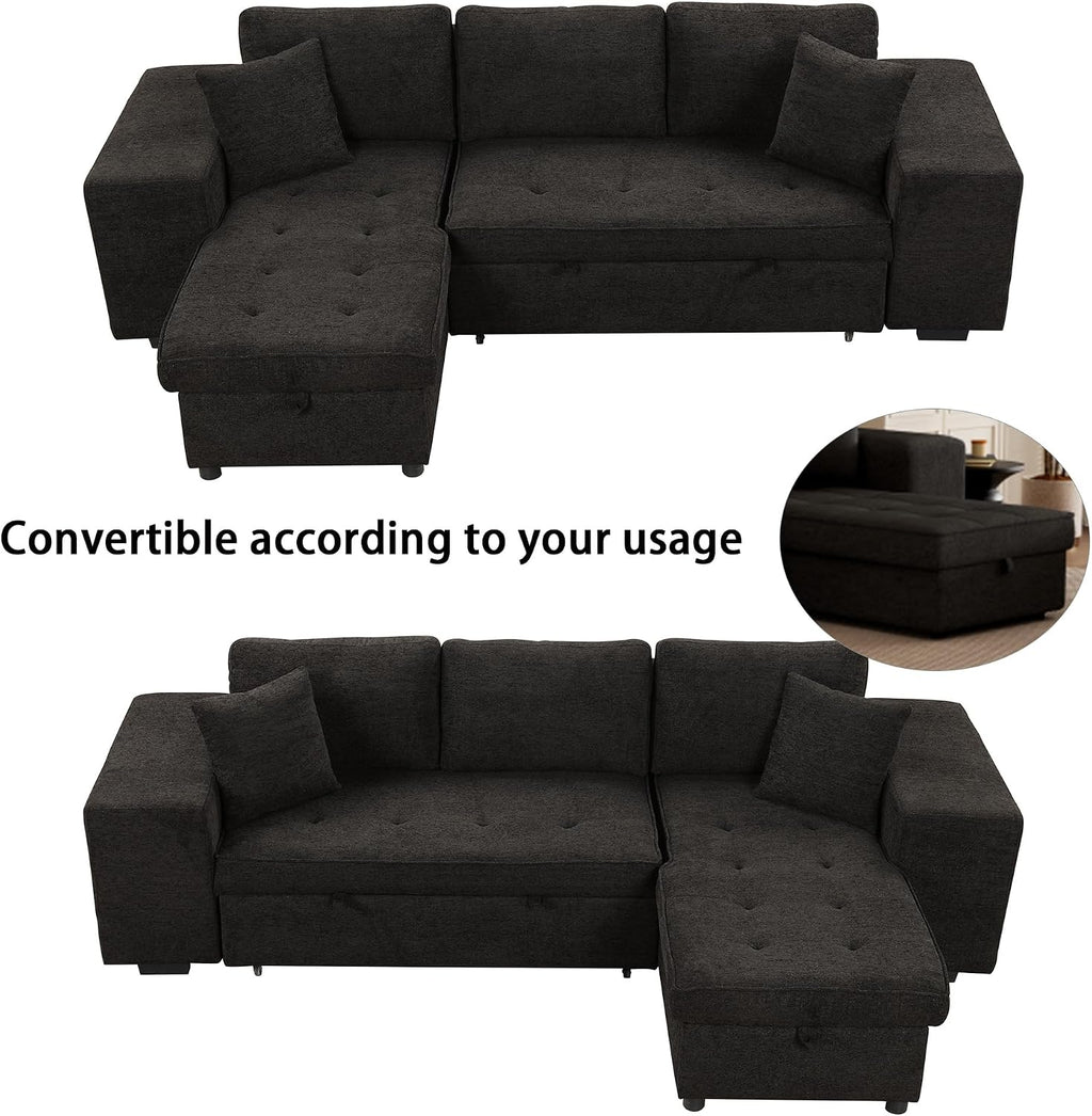 104.5 inch Reversible Sleeper Sectional Sofa with Pull Out Bed , Convertible L Shaped Sectional Couch with Storage Chaise and 2 Stools , Tufted Upholstered Pullout Sofa Bed for Living Room Apartment