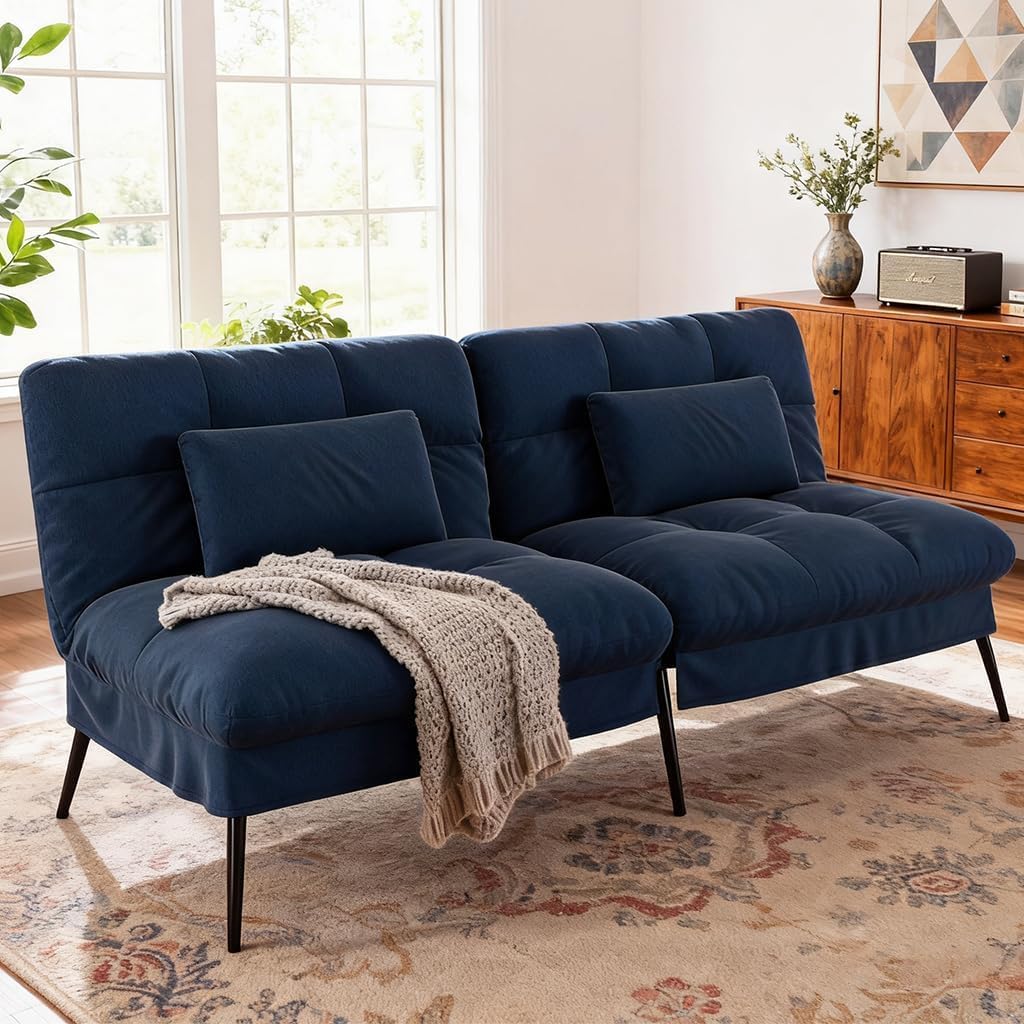 COMHOMA 72″ Futon Sofa Bed,Convertible Fabric Futons Couch with Adjustable Backrest, Folding Sleeper Recliner for Living Room Furniture (Blue)