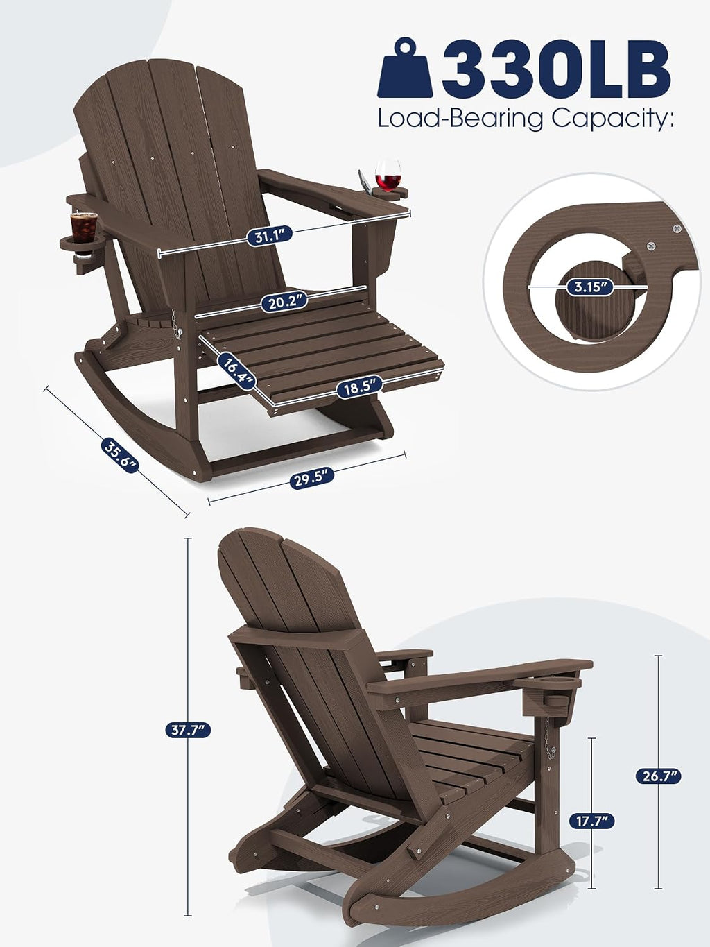 KINGYES Adirondack Rocking Chair with Retractable Ottoman and Cup Holders, HDPE Adirondack Rocker Patio Rocking Chair for Porch, Patio, Balcony, Coffee Brown