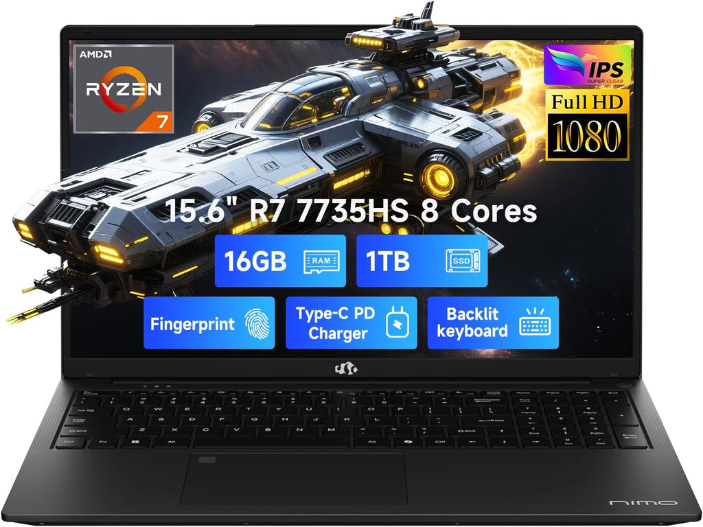 NIMO 15.6' IPS FHD Gaming-Laptop, AMD 8 Cores Ryzen 7 7735HS 16GB DDR5 RAM 1TB SSD (Beats i7-12650H, Up to 4.75GHz) Computer with Radeon 680M 100W Type-C Backlit Keyboard Fingerprint Unlock, Black