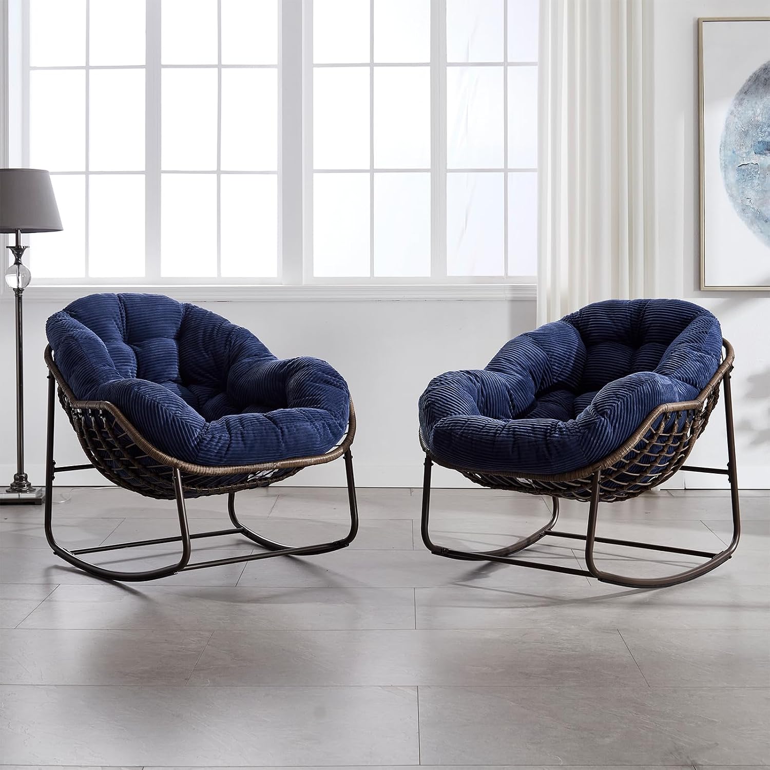 JEEOHEY Papasan Rocking Chairs Outdoor Indoor, Oversized Rattan Rocker Patio Chair with Padded Cushion, Comfy Modern Indoor Egg Chair for Living Room, Bedroom, Porch, Garden, Balcony(Corduroy, Navy)