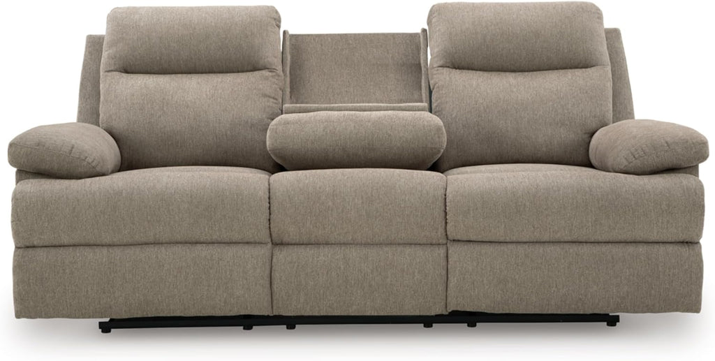Signature Design by Ashley Yarrow Lane Classic Chenille Manual Pull Tab Reclining Sofa with Drop Down Table and USB Charging, Light Brown
