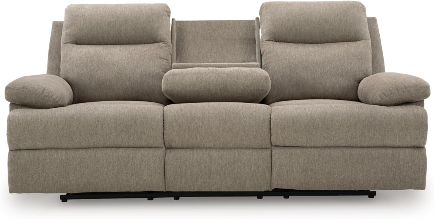 Signature Design by Ashley Yarrow Lane Classic Chenille Manual Pull Tab Reclining Sofa with Drop Down Table and USB Charging, Light Brown
