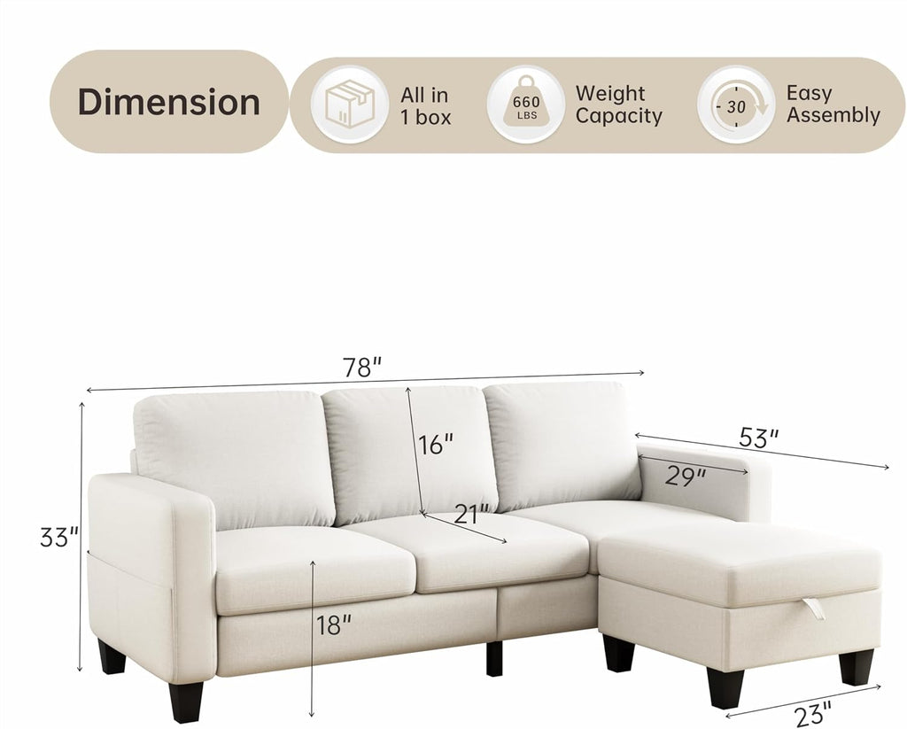 78' Sectional Sofa Couches for Living Room, Beige Convertible L Shaped Couch with Storage Ottoman, Deep Seat Pet-Friendly Linen Fabric Sofa Set for Small Space, Apartment, Dorm