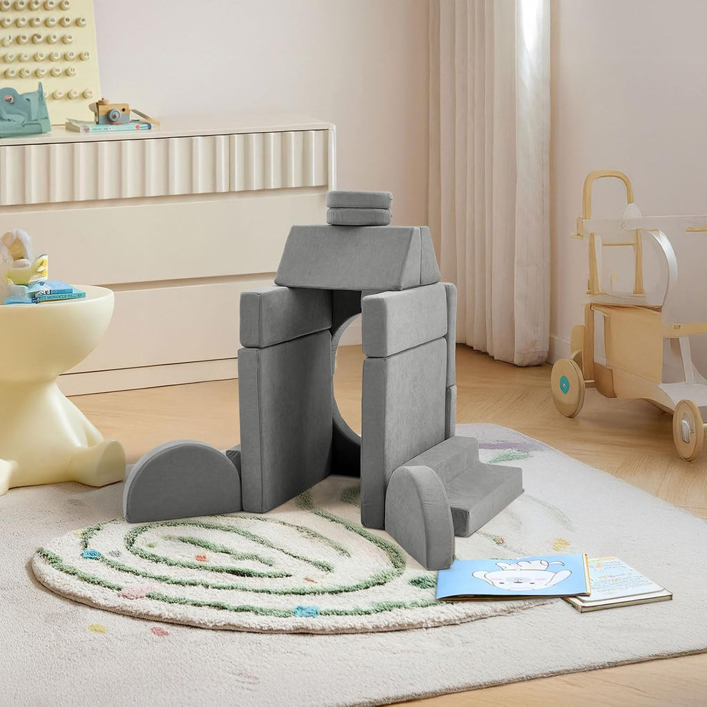 Karl home Kids Couch 14PCS, Modular Kids Play Couch, Multifunctional Foam Toddler Sofa,Climbing & Relaxation, Sectional Convertible Sofa Imaginative Furniture Play Set for Playroom, Grey