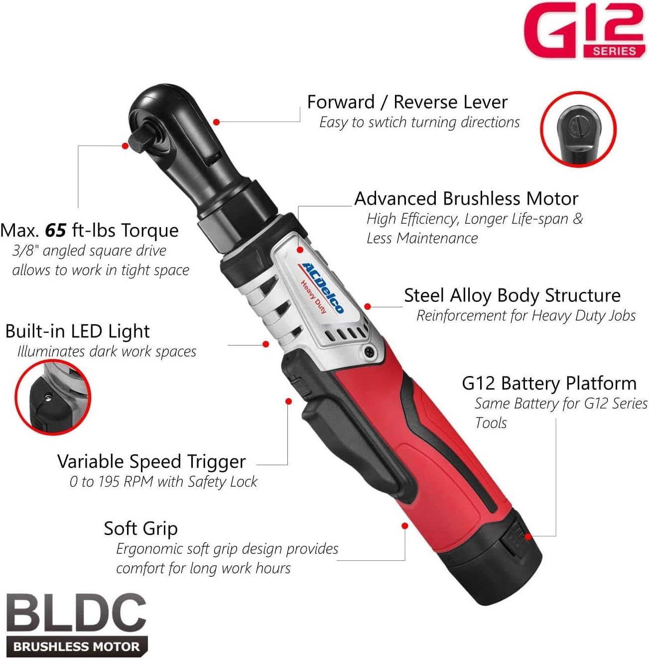 ACDelco G12 Series 3-Tool Cordless Combo 3/8' Brushless Ratchet Wrench + 2-Speed Drill/Driver+ Impact Driver, 2-battery, ARW12103-K11