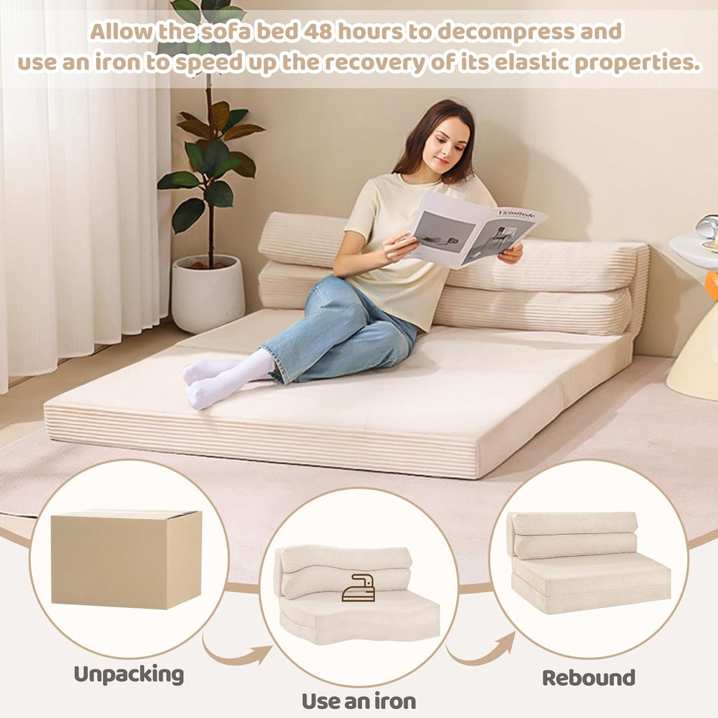 JUIKURY Folding Sofa Bed, Convertible Sleeper Chair with Pilow Foldable Matress, 2 in 1 Pull Out Loveseat Sofa Portable Fold Out Chair Bed Floor Couch Lounge for Living Room Bedroom (Beige, Twin)