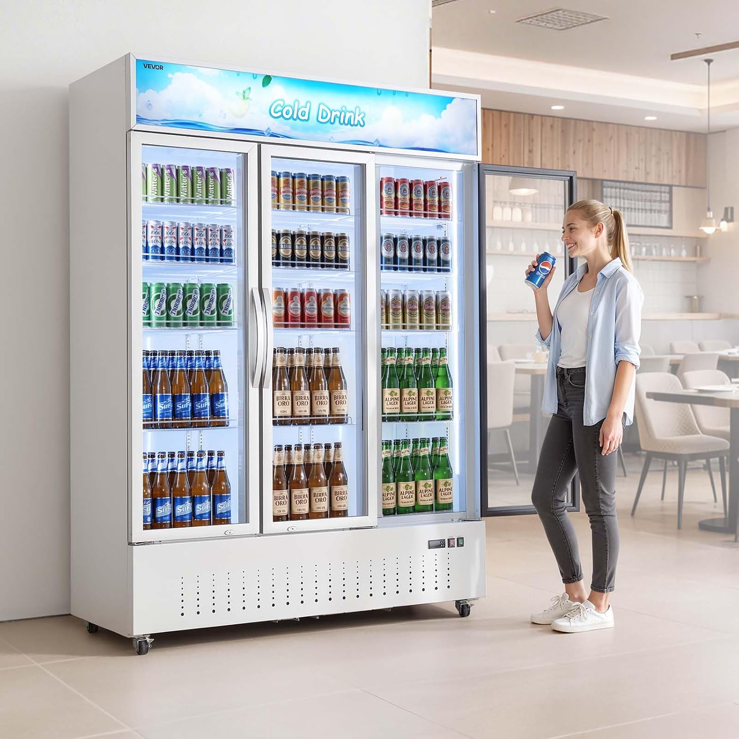 VEVOR Commercial Merchandiser Refrigerator, 36.4 Cu.Ft / 1030L Upright Beverage Cooler, 3 Glass Door Display Refrigerator with Customizable Lightbox, 12 Adjustable Shelves, Soft LED Lighting & Casters