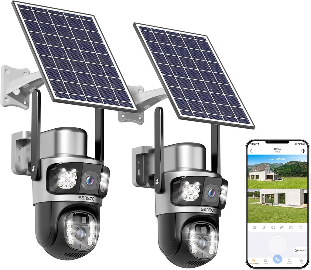 SANSCO 2K Dual Lens Solar Security Camera Wireless Outdoor, 2.4G & 5G WiFi, 360° PTZ Home Security Camera, 100% Wired Free, Spotlight Color Night Vision, 2-Way Audio, PIR Motion Detection(2 Pack)