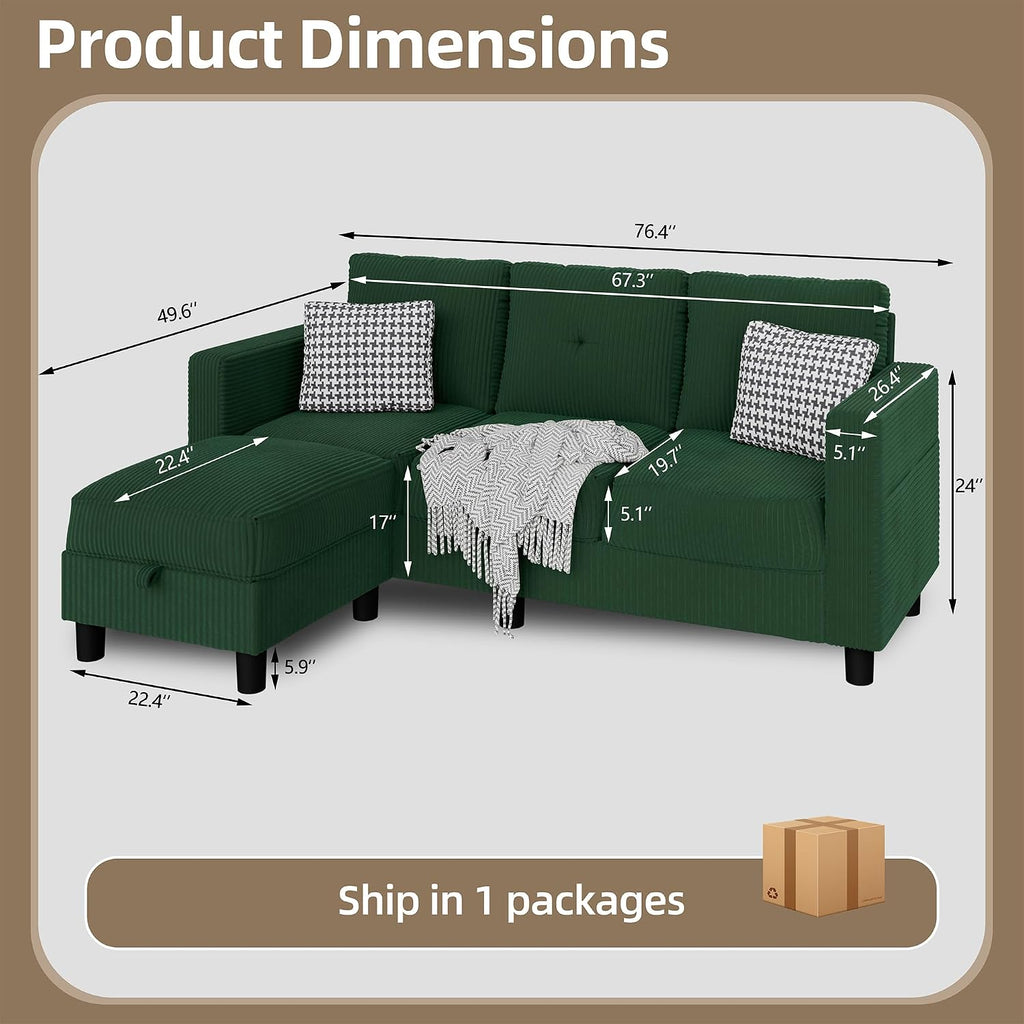 Convertible Sectional Sofa with Storage Ottoman, 77' L-Shaped 3-Seat Couch with Skin-Friendly Corduroy Fabric, Reversible Small Sectional for Small Space, Apartment, Living Room and Office(Green)