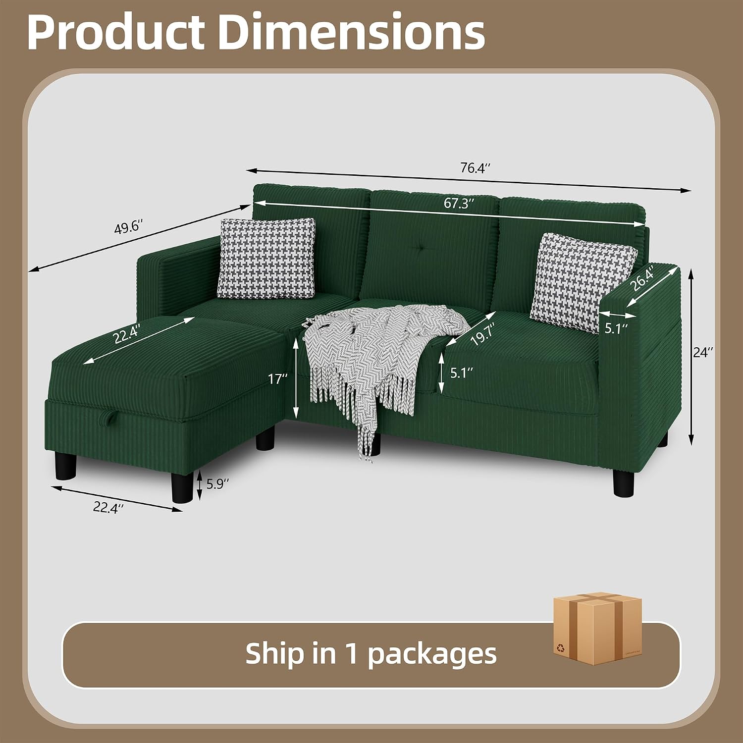 Convertible Sectional Sofa with Storage Ottoman, 77' L-Shaped 3-Seat Couch with Skin-Friendly Corduroy Fabric, Reversible Small Sectional for Small Space, Apartment, Living Room and Office(Green)