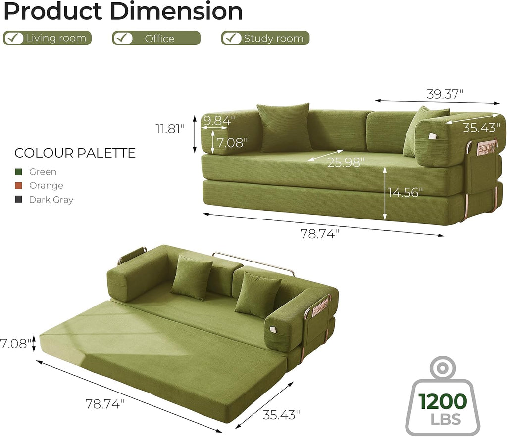 79' Convertible Sofa Bed with Pillows, Corduroy Folding Sleeper Sofa with Fixed-Shape Frame, Boneless Couch for Living Room Bedroom, Floor Sofa Lounge No Assembly Required (A - Style - Olive Green)