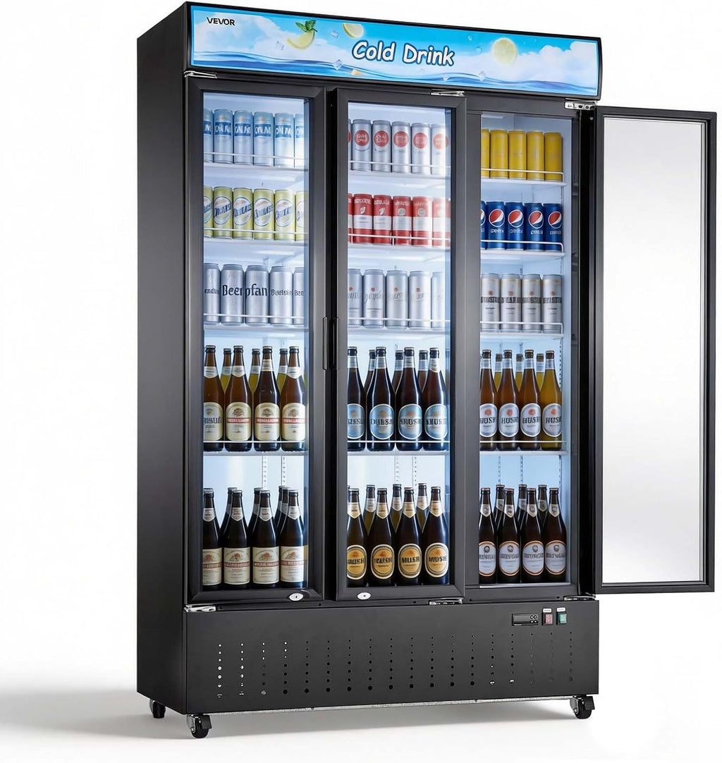 VEVOR Commercial Merchandiser Refrigerator, 26.8 Cu.Ft / 760L Upright Beverage Cooler, 3 Glass Door Display Refrigerator with Customizable Lightbox, 12 Adjustable Shelves, Soft LED Lighting & Casters