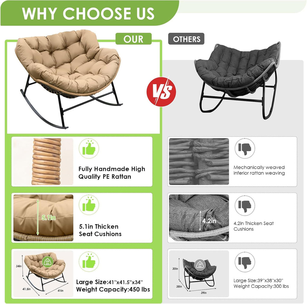 RADIATA 2 PCS Papasan Rocking Egg Chair, Indoor Outdoor Oversized Lounge Chair with Cushion, Double Wicker Rattan Rocker Loveseat, 450 lbs Capacity Outside Funiture for Patio Porch Livingroom Brown