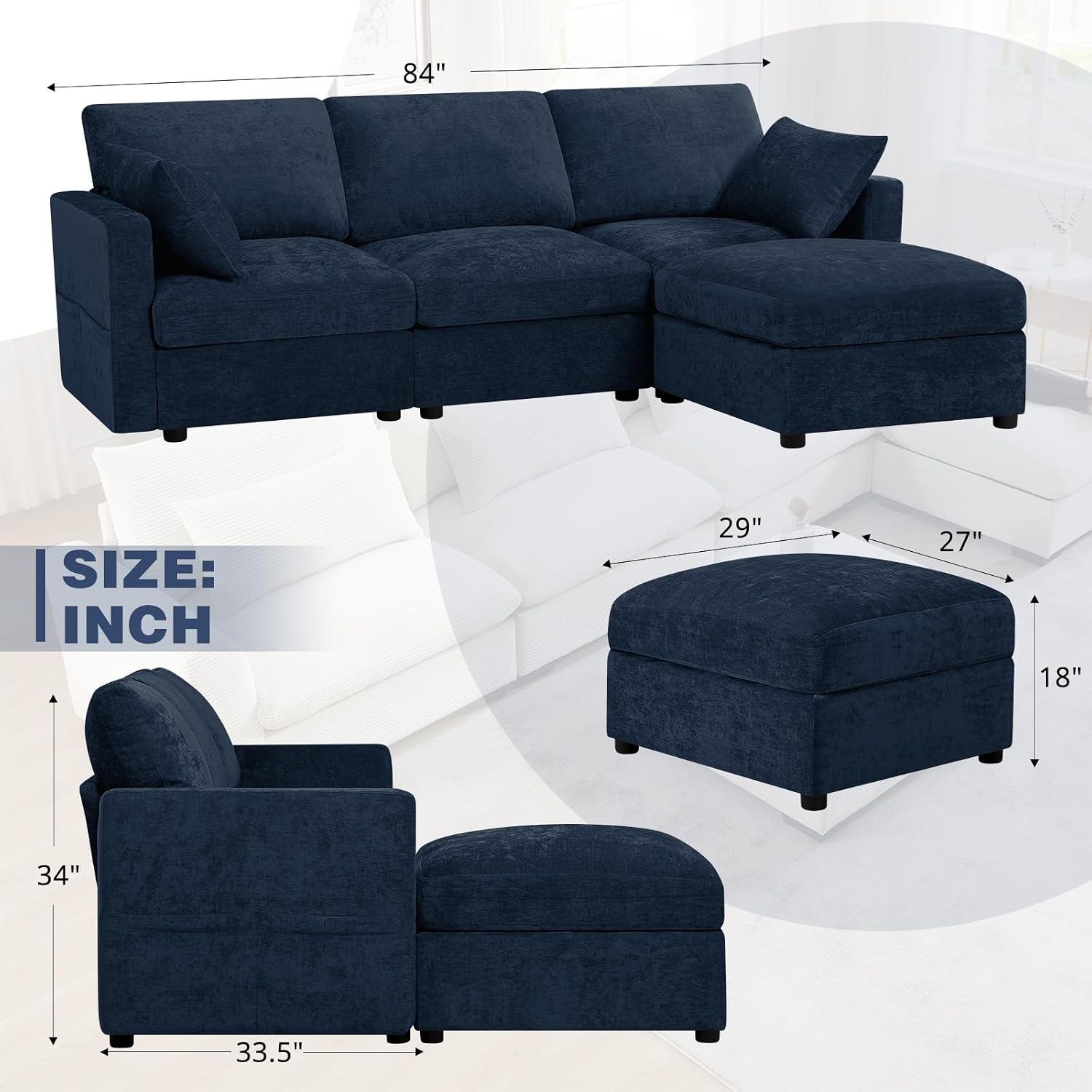 84' Chenille 3-Seats Sofa W/Movable Ottoman, Modern Fabric L-Shaped Couch w/Soft Backrests, Upholstered Sectional Sofa w/Arm Pillows for Living Room, Office, Blue