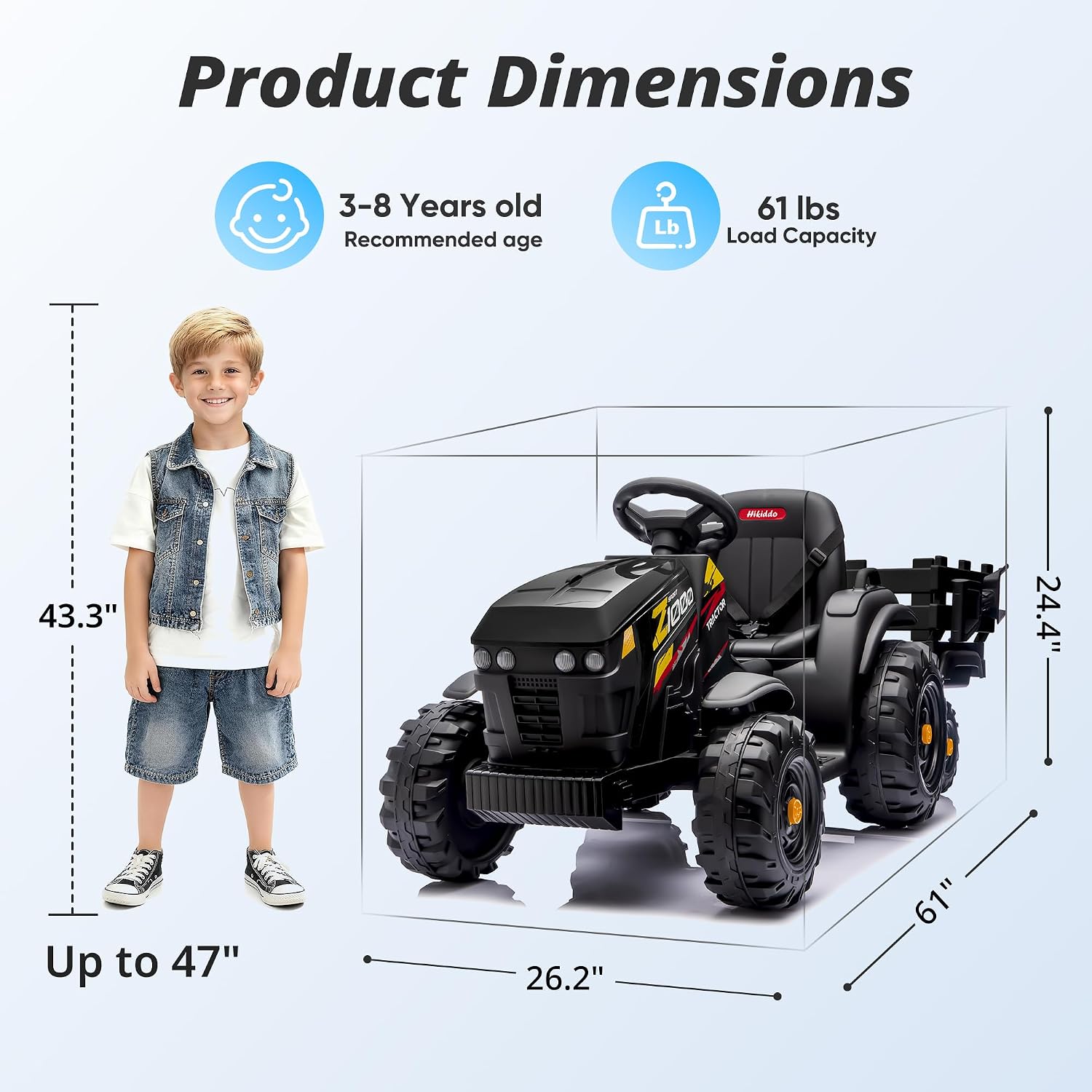 Hikiddo 24V Kids Ride on Tractor Toy, Electric Tractor for Kids 3-8 with Trailer, 2x200W Motors - Black