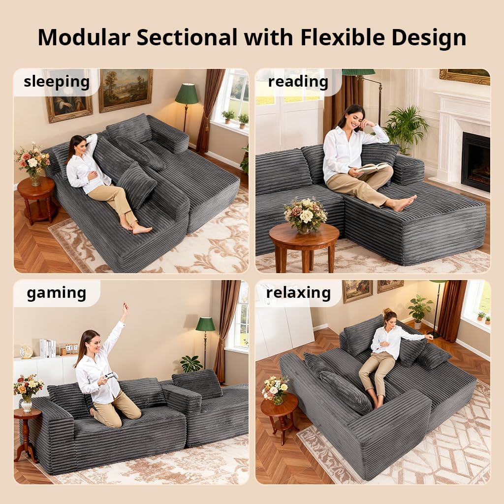 COMHOMA 105'Modular Sectional Sofa with Deep Seat,Cloud Upholstered L-Shape Couch Wide Arms Corduroy Fabric High-Density Foam Chaise Lounge for Living Room No Assembly Required