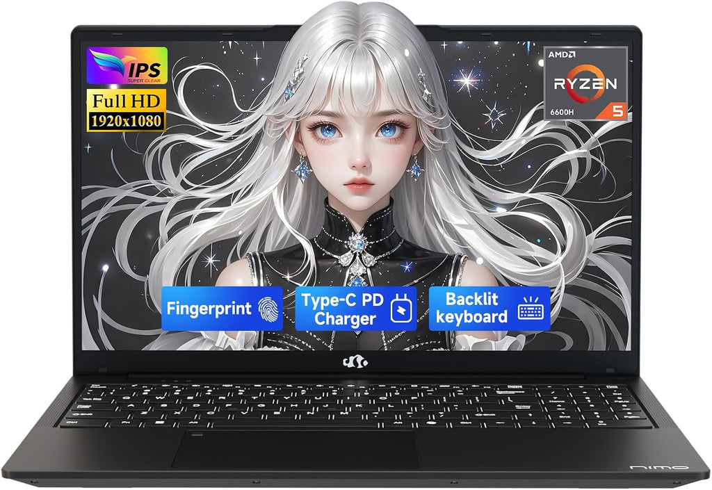 NIMO 15.6' IPS FHD-Gaming-Laptop, AMD Ryzen 5 6600H 6 Cores 16GB DDR5 RAM 1TB SSD (Beat i7-1165G7, Up to 4.5GHz) Radeon 660M GPU-Computer with Backlit Keyboard 100W Type-C Fingerprint Win 11