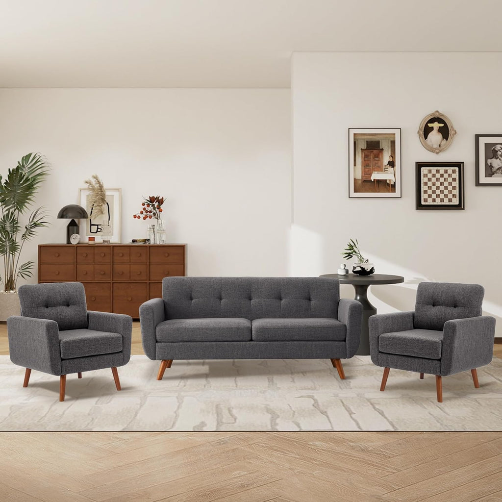 Tbfit Accent Chair, Reading Chair for Living Room & Bedroom, Mid Century Modern Arm Chair, Button Tufted Upholstered Accent Chairs Sofa with Solid Wood Frame, Grey