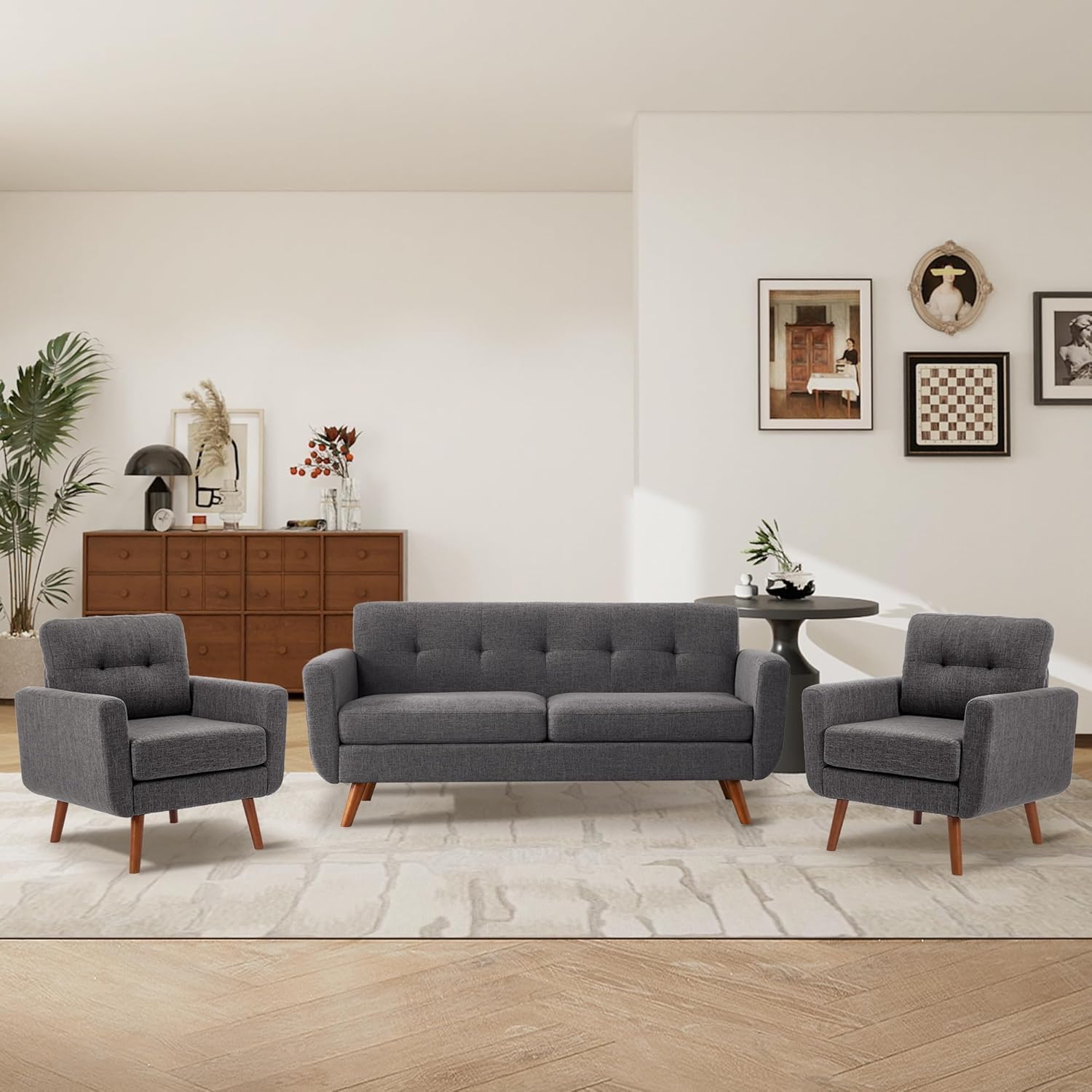 Tbfit Accent Chair, Reading Chair for Living Room & Bedroom, Mid Century Modern Arm Chair, Button Tufted Upholstered Accent Chairs Sofa with Solid Wood Frame, Grey