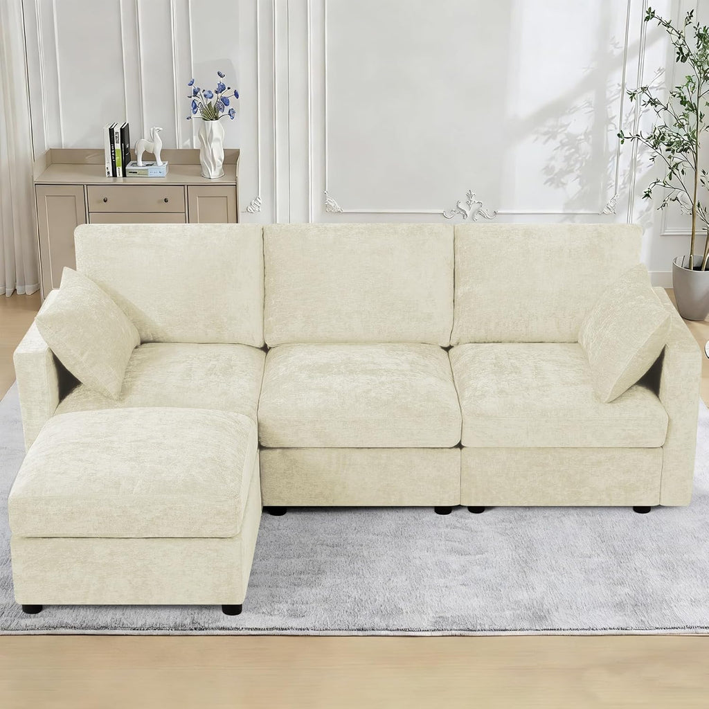 84' Chenille 3 Seats Sofa W/Movable Ottoman, Modern Fabric L-Shaped Couch with Soft Backrest, Upholstered Sectional Sofa with Armrest Pillows for Living Room, Office, Beige
