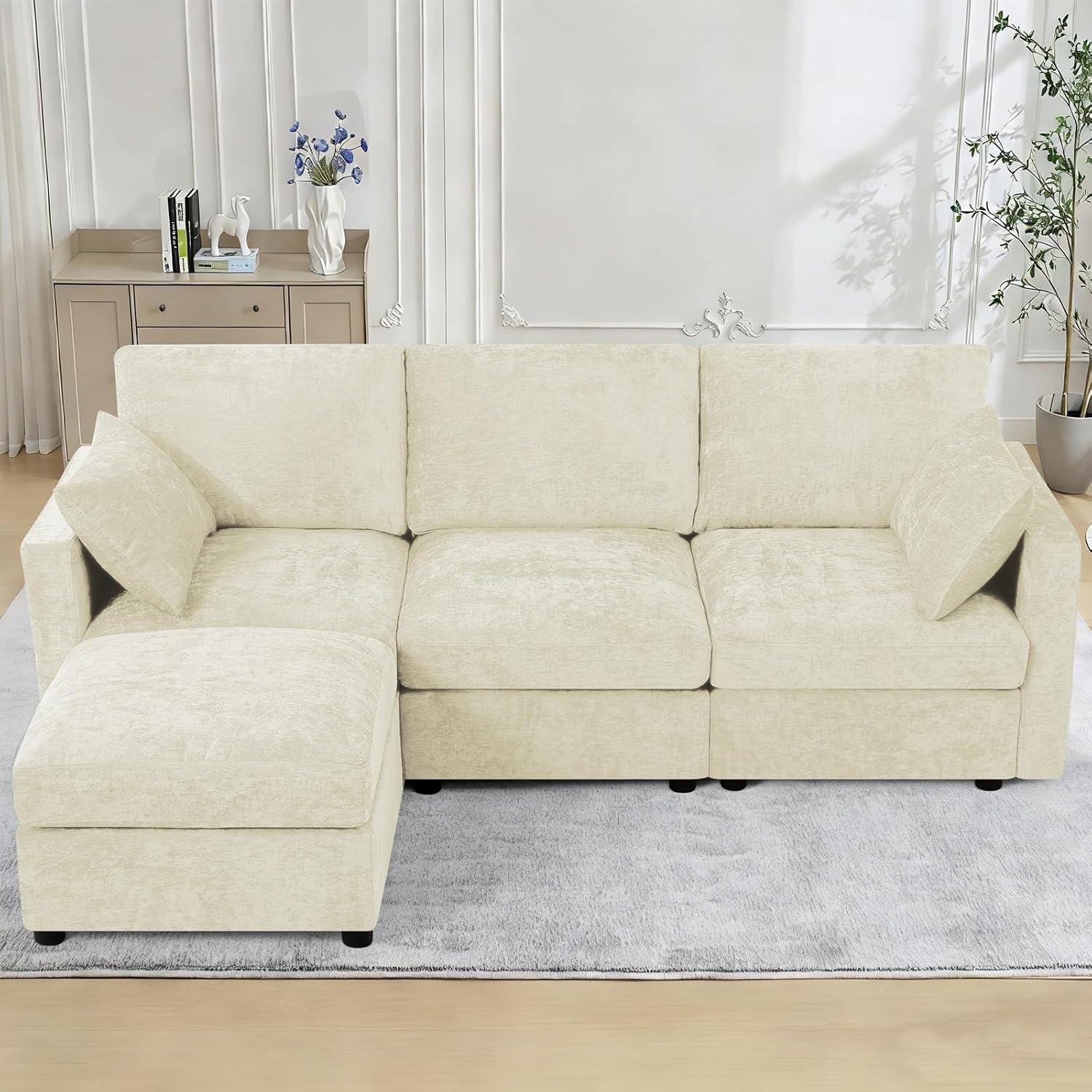 84' Chenille 3 Seats Sofa W/Movable Ottoman, Modern Fabric L-Shaped Couch with Soft Backrest, Upholstered Sectional Sofa with Armrest Pillows for Living Room, Office, Beige