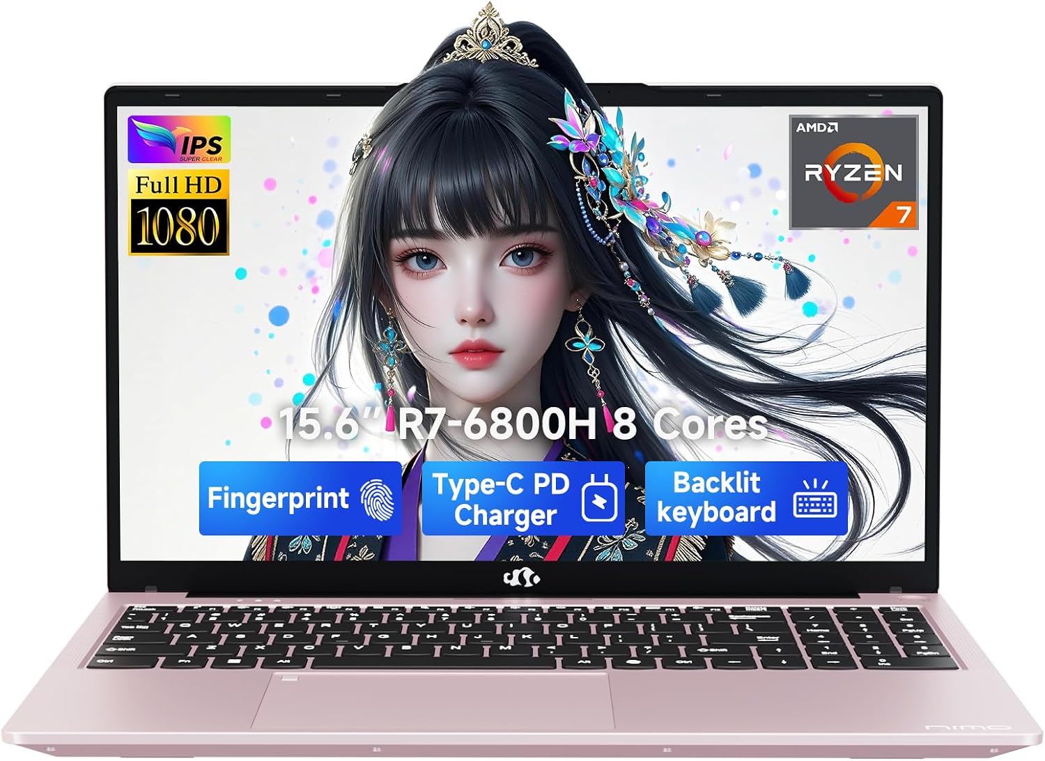 NIMO 15.6' IPS FHD-Gaming-Laptop, 8 Cores AMD Ryzen 7 6800H 16GB DDR5 RAM 256GB SSD (Beat i7-12700H, Up to 4.7GHz) AMD Radeon 680M GPU-Computer with 100W Type-C Backlit Keyboard, 180°Viewing