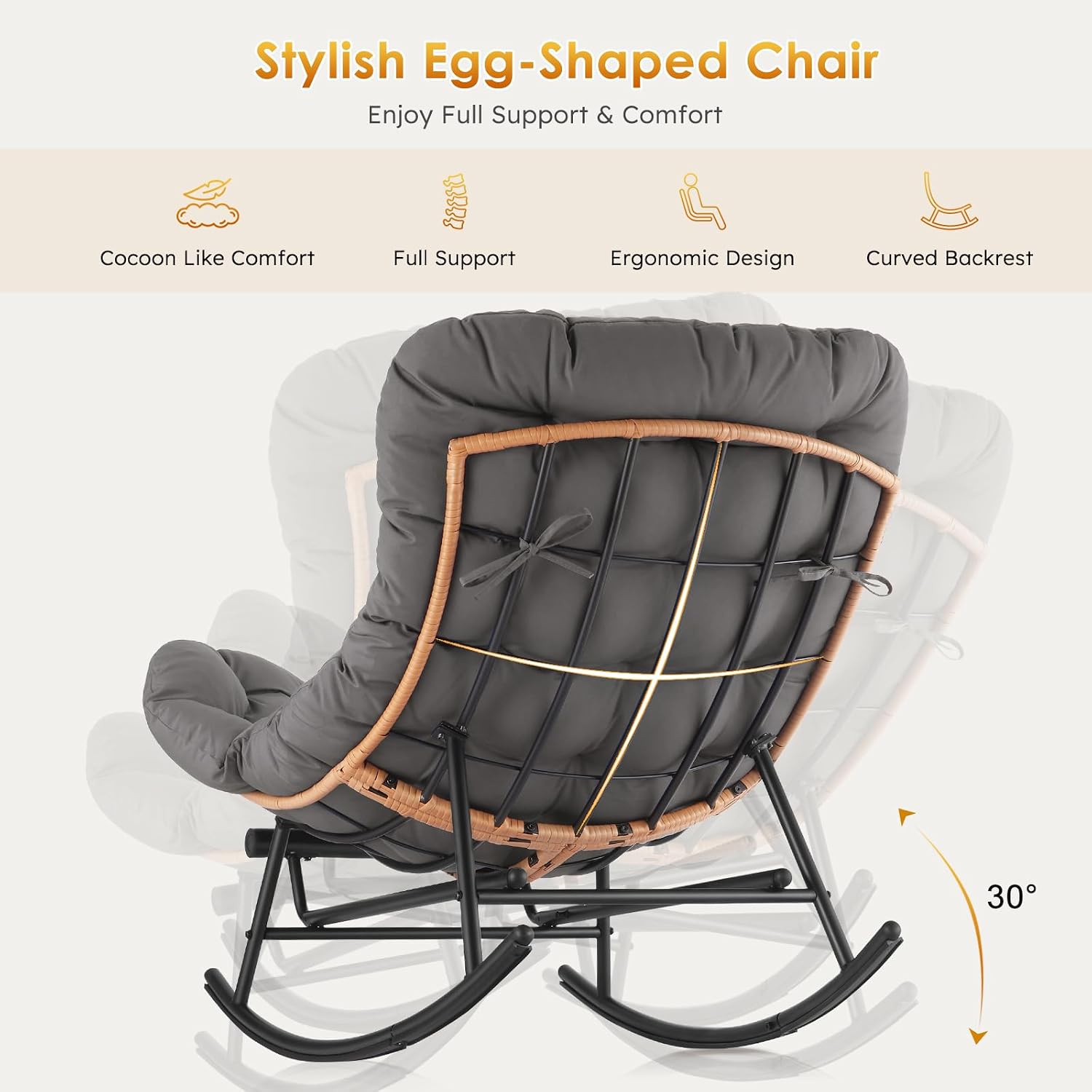 Garvee 2PCS Papasan Rocking Chair with Foot Rest, Oversized Papasan Chair with Thick Removable Cushion and Metal Frame, Lounge Chairs and PE Rattan Rocker for Patio, Porch, Garden, Lawn, Living Room