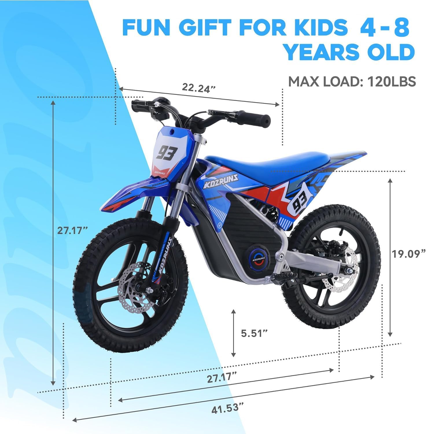 OLALA 36V Electric Dirt Bike for Kids 4-8, 350W Brushless Motor with 3-Speed Control, 18.6 MPH Max Speed, 14' Off-Road Tires Motorcycle, for Boys & Girls, Blue