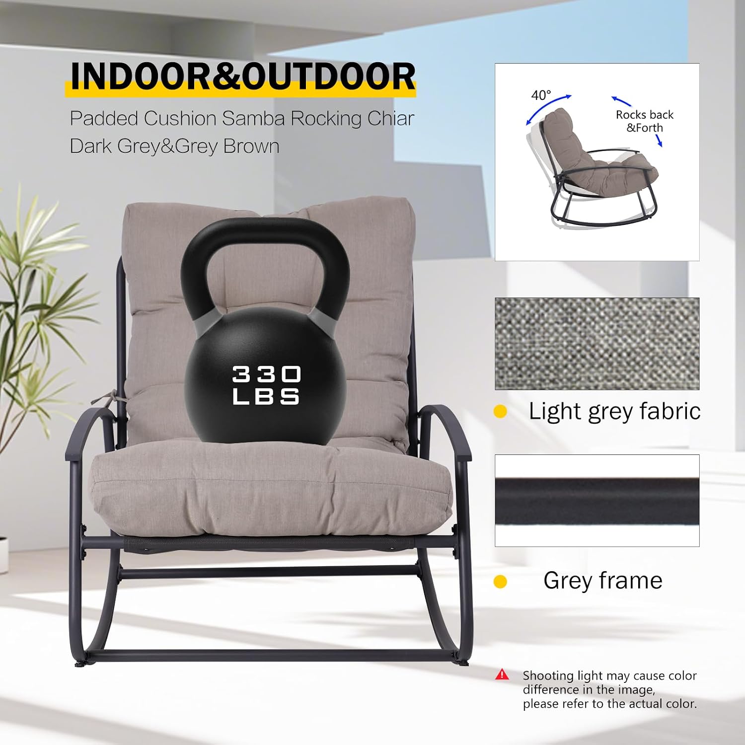 GLORY PATIO Cozy Papasan Rocking Chair with Thick Cushion, Indoor & Outdoor for Front Porch, Garden, Backyard (Rocking chiar, Light Gray)