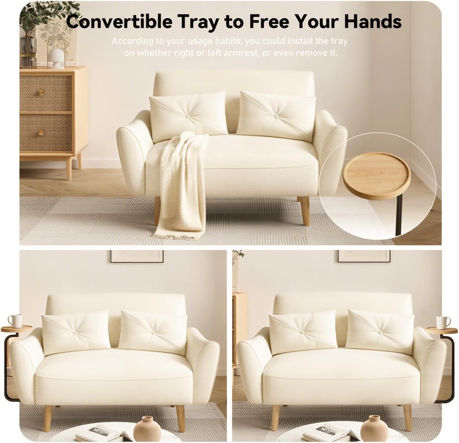 Brelice Loveseat Sofa, 47' Velvet Couch for Bedroom, Convertible Wooden Tray & Ergonomic Armrest, for Small Space, Apartment, Living Room, Home Office, Easy Assembly, Beige