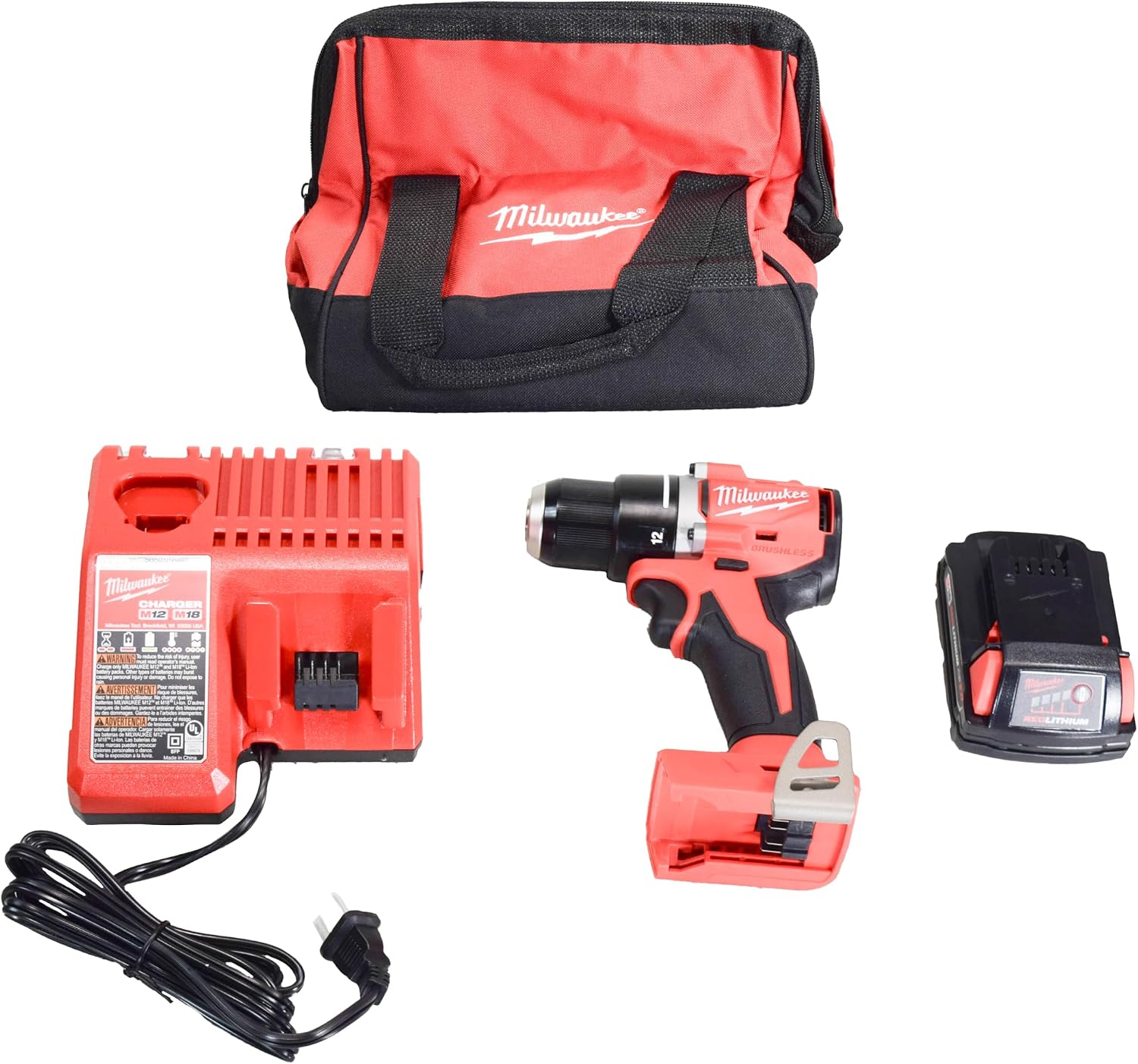 For Milwaukee 3601-21P 18V Lithium-Ion Brushless Cordless 1/2' Compact Drill/Driver Kit with 2.0 Ah Battery, Charger and Tool Bag