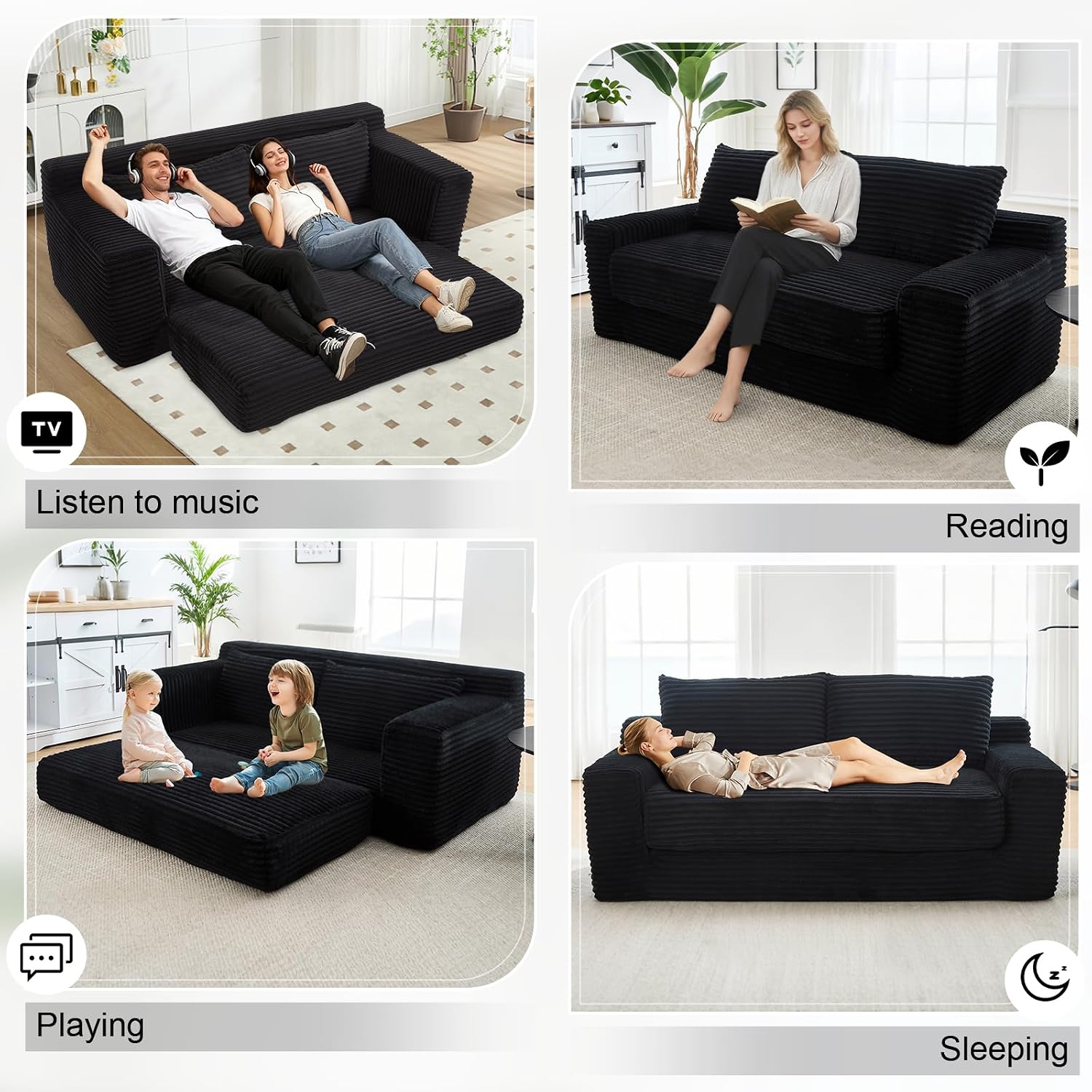 GNIXUU 71' Corduroy Cloud Loveseat Sofa, 2 in 1 Convertible Black Boneless Sleeper Sofa with Fixed-Shape Frame, Comfy Folding Love Seat Couches for Living Room, Apartment, Small Spaces