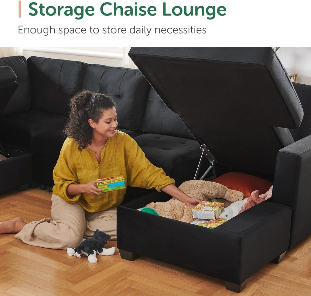 HONBAY Sectional Sleeper Sofa with Pull Out Bed, Sleeper Sectional Couch for Living Room, Sleeper Sofa Bed with Storage Chaise, Velvet Black