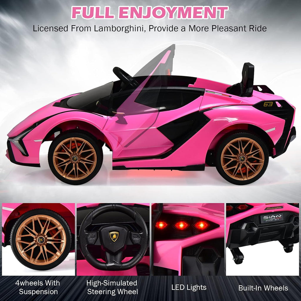 INFANS 12V Licensed Lamborghini Sian Kids Ride On Car with Parent Remote Control, Spring Suspension, MP3 Player, Electric Toy Roadster Carbon Fiber Textured for Toddler (Pink)
